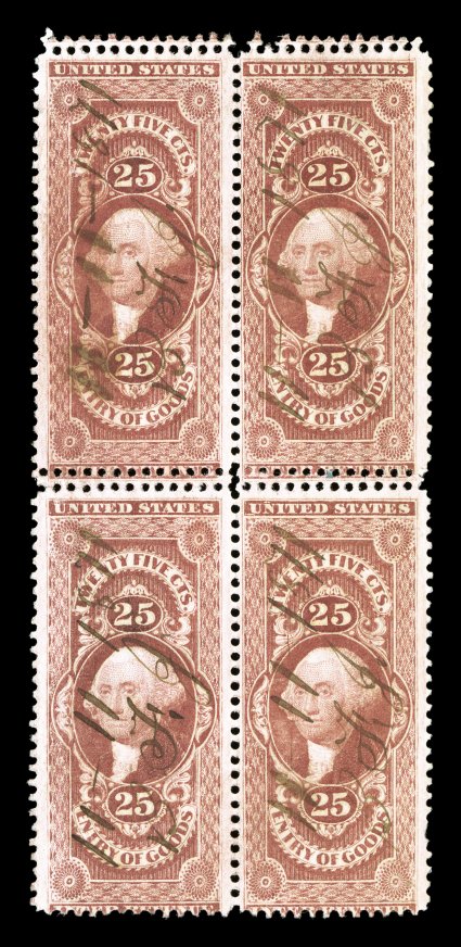 R45c, 25c Entry of Goods, two blocks of four, each with double top frame line, on one stamp (one on the top right stamp, other on the top left stamp), rich color, ms. cancels,
one block with double horizontal perforations, small flaws, fine