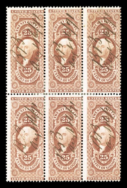 R45c, 25c Entry of Goods, block of six (3x2), attractive color, 1871 ms. cancels, light horizontal crease in top stamps, minor perf. reinforcing, fine only one larger multiple
is recorded (block of nine).