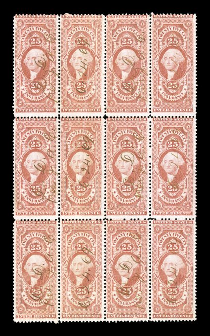 R46c, 25c Insurance, another block of twelve, this being in the 4x3 format, particularly rich color, 1869 ms. cancels, vertical crease throught the second column, fine
appearance the largest recorded off-document multiple.