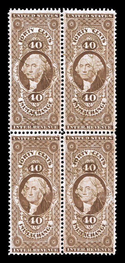 R53c, 40c Inland Exchange, handsome block of four, especially rich color, uncommonly well centered, light ms. cancels, top right stamp with just a hint of a crease, very fine
quite undercataloged in Scott, as only four blocks of any size have b