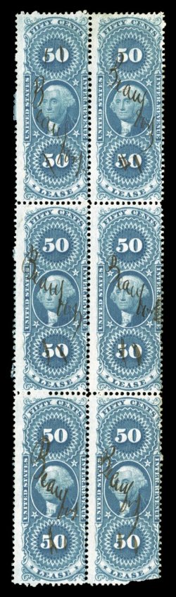 R57c, 50c Lease, block of six (2x3), exceptionally fresh, light ms. cancels, a couple trivial creases, bottom right stamp with faulty corner, fine appearance this is the second
largest multiple known and one of only three blocks of any size rec