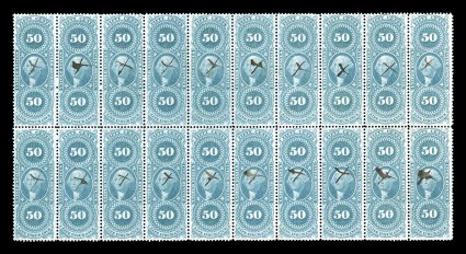 R58c, 50c Life Insurance, block of twenty (10x2), well centered, lovely rich color, small ms. X cancels, light vertical crease in second column, otherwise fresh, intact and
very fine only one slightly larger multiple exists (block of 21).