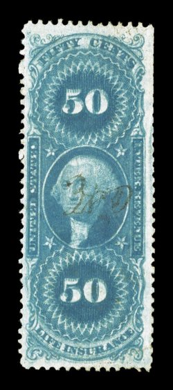 R58ce, 50c Life Insurance, double impression, two distinct impressions, light ms. cancel, scissor cut perfs. at top right, light horizontal crease, very fine appearance a rare
and seldom offered error 1989 PSE certificate.