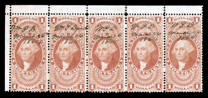 R73c, $1.00 Mortgage, top left corner margin horizontal strip of five, bright color, small neat 1864 ms. cancels, few sensibly rejoined perfs., light horizontal crease,
otherwise quite fresh and fine this is the largest known multiple, bein