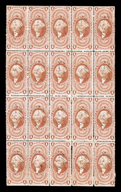 R75c, $1.00 Power of Attorney, block of twenty (5x4), rich bright color, 1865 ms. cancels, scissor separated perfs. at bottom, some separated and reinforced perfs., vertical
creasingwrinkling, fine-very fine appearance.
