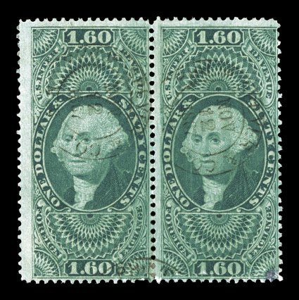 R79c, $1.60 Foreign Exchange, horizontal pair, deep rich color, light 1867 handstamped c.d.s. cancels, right stamp with a tiny faint crease, fine a pair is the largest recorded
multiple of this stamp, being one of only six (all horizontal) kn