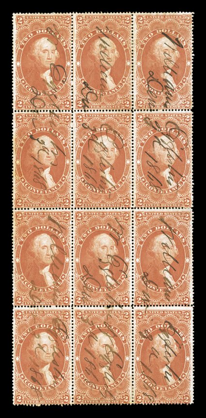 R81c, $2.00 Conveyance, block of twelve (3x4), deep vibrant color, 1868 ms. cancels and an embossed cancel on the top right stamp, light vertical wrinkle in left column,
fine-very fine only one larger intact multiple is known.