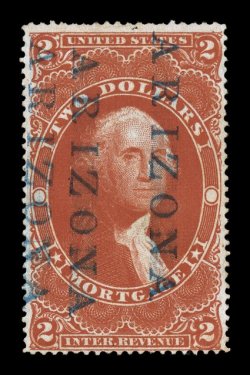 R82c, $2.00 Mortgage, deep color, cancelled by three strikes of a blue ARIZONA cancel of the Pacific Mail Steamship Co., trivial corner crease, fine.