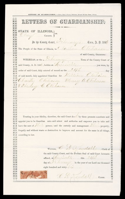 R82ce, $2.00 Mortgage, half used as $1.00, right half affixed to Letters of Guardianship dated February 21, 1866, with 2 crossed out and ms 1$ inserted, quite fresh, very fine
an extremely rare bisect that is listed but not priced by Scott,