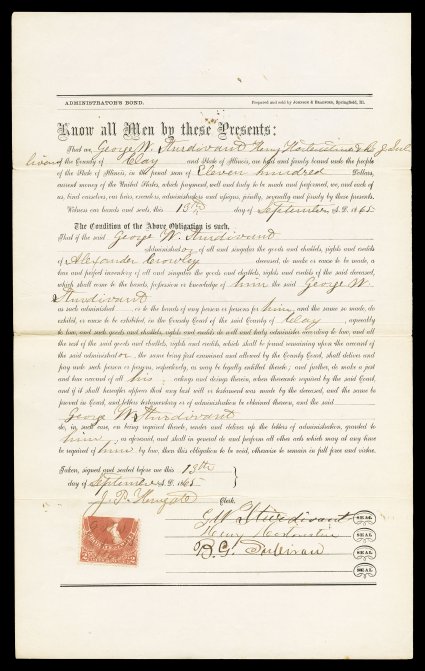 R83ce, $2.00 Probate of Will, half used as $1.00, a matched pair, being the top and bottom halves of the same stamp, each used on document from Illinois dated Sept. 13, 1865,
one on Administrators Bond and one on Letters of Administration,