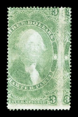 R85ce, $3.00 Charter Party, printed on both sides, an incredibly rare example of this striking error, showing a complete second impression on the reverse, light 1867 ms. cancel
on face, mild horizontal crease, otherwise fine in our opinion quit