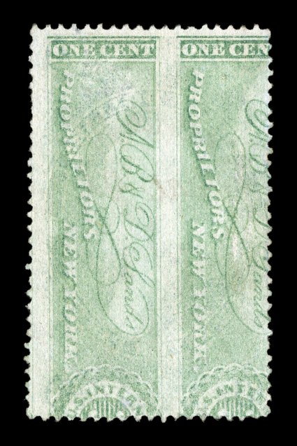 R85cg, $3.00 Charter Party, impression of RS208 on back, two partial clear impressions of the private die stamp on reverse, front with 1865 ms. cancel, small thin and crease in
one corner, otherwise fine.Any printed on both sides error of the