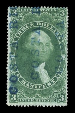 R86c, $3.00 Manifest, rich color, cancelled by three strikes of a blue COSTA RICA handstamp of the Pacific Mail Steamship Co., stamp with small tear at right, very fine
strikes.
