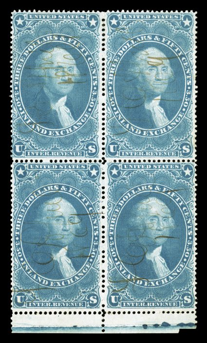 R87c, $3.50 Inland Exchange, bottom sheet-margin block of four, wonderfully bright and fresh, light 1869 ms. cancels, light creasewrinkle in the top stamps, fine-very fine the
largest recorded multiple, being one of six blocks known ex-