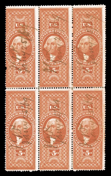 R88c, $5.00 Charter Party, block of six (3x2), gorgeous color that is remarkably deep and intense, 1869 ms. cancels, minor perf. reinforcing, perf. fault on top left stamp,
fine the largest recorded multiple, being one of only two blocks of s