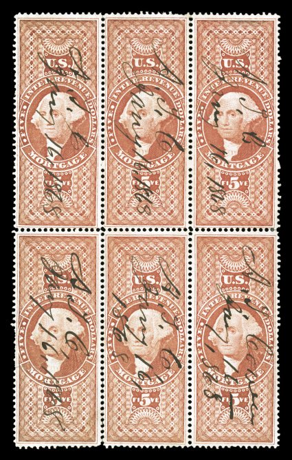 R91c, $5.00 Mortgage, block of six (3x2), uncharacteristically well centered, deep color, 1868 ms. cancels, horizontal crease through the bottom row slightly breaks the paper,
trivial crease at top right, a few short perfs., very fine appearance