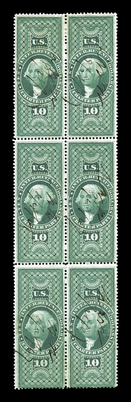 R93c, $10.00 Charter Party, block of six (2x3), deep rich color and a strong impression, light 1867 ms. cancels, top stamps with tiny thin specks, otherwise fine only one
larger multiple is known (rejoined block of eighteen).