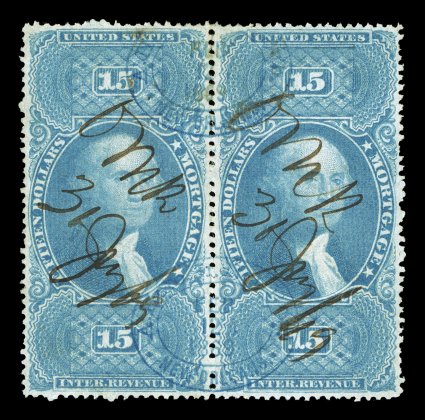 R97cf, $15.00 Mortgage, milky blue, very rare horizontal pair, well centered, rich bright color in the scarce milky blue shade, ms. and blue oval New Orleans handstamped
cancels, light toned spot at the top of the left stamp, very fine th