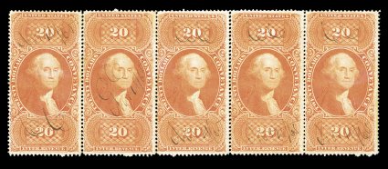 R98c, $20.00 Conveyance, horizontal strip of five, strong color, 1865 ms. cancels, some very light creasing, otherwise fine-very fine this is the only recorded strip of five,
with just one larger multiple known (see next lot).