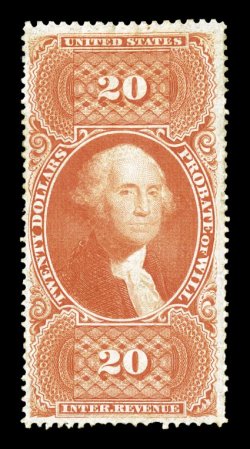 R99c, $20.00 Probate of Will, a rare mint example, with large part disturbed original gum, strong rich color, reperforated at top and a few short perfs., very fine
centering.