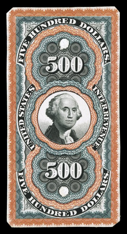 R133P1, $500.00 Red, dark green and black Large Persian Rug, large die proof on India, on stamp size card, with security punches at top and bottom, minor adherences on reverse
from previous mounting, very fine an exceedingly rare proof, being