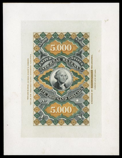 R133ATC, $5,000.00 Yellow orange, green and black large die trial color proof on India, mounted on 140x185mm card, with full imprints on both sides, security punch at bottom
right, radiant rich colors on a bright white card, insignificant shallo