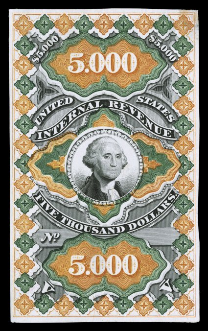 R133ATC, $5,000.00 Yellow orange, green and black, large die trial color proof on India, large margins all around, gorgeous rich color and highly detailed impressions, slight
thins, one of which causes a faint stain at the top right, very fine a
