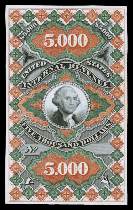 R133ATC, $5,000.00 Orange red, dark green and black large die trial color proof on India, large balanced margins all around, showing a small portion of the imprint at right,
beautiful vibrant colors, small tear at top right and a shallow thi