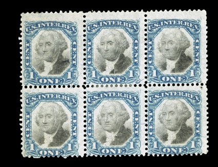 R103, 1c Blue and black, mint block of six (3x2), strong colors, o.g., fine only one larger multiple is known (rejoined block of sixteen) ex-Turner.