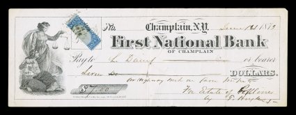 R106b, 4c Blue and black, half used as 2c, tied to 1873 check of the First National Bank, Champlain, N.Y. by herringbone cancel, also with dated handstamp cancel, check with
usual cut cross and a couple vertical folds not affecting the stamp, fi