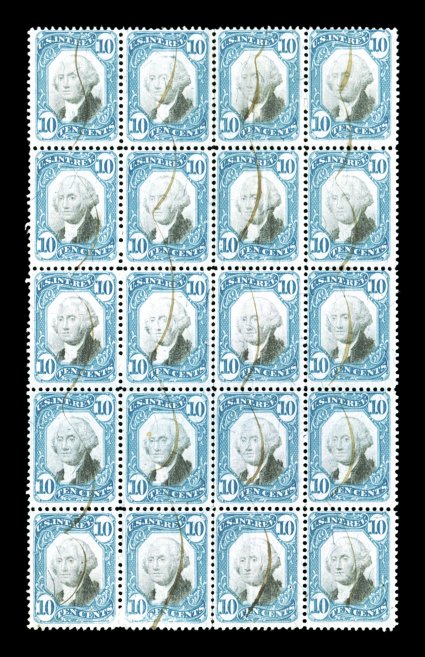 R109, 10c Blue and black, block of twenty (4x5), fresh colors, light ms. cancels, minor creasing, otherwise fine-very fine only two larger multiples are
known.