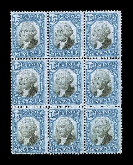 R110, 15c Blue and black, mint block of nine (3x3), lovely rich colors, full o.g., a few minor h.r.s, fine.