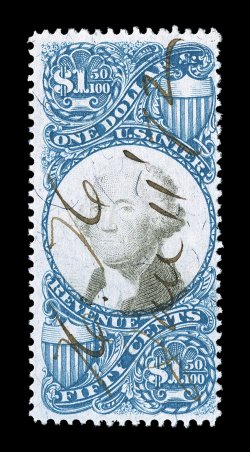 R120 var., $1.50 Blue and black, foreign entry, design of $1.00, an exceedingly fresh example of this unusual variety, showing a strong entry of the $1.00 stamp, most notably
in the top right corner, rich colors on bright paper, 1872 ms. cancel,