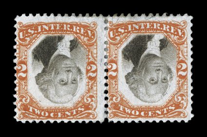 R135b, 2c Orange and black, Inverted Center, mint horizontal pair, vibrant colors, large part original gum, a couple tiny thin specks, fine a very scarce invert
multiple.
