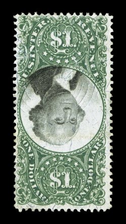 R144a, $1.00 Green and black, Center Inverted, lovely rich colors, light cut cancels, a couple minor creases, fine appearance only about 25 examples of this inverted centered
have been recorded.