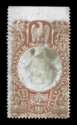 R146a, $2.50 Claret and black, Inverted Center, top margin single, rich colors, light herringbone cancels, some minor soiling mostly around the edges, fine there are only about
fifteen recorded examples of this rarity, with nearly all of them