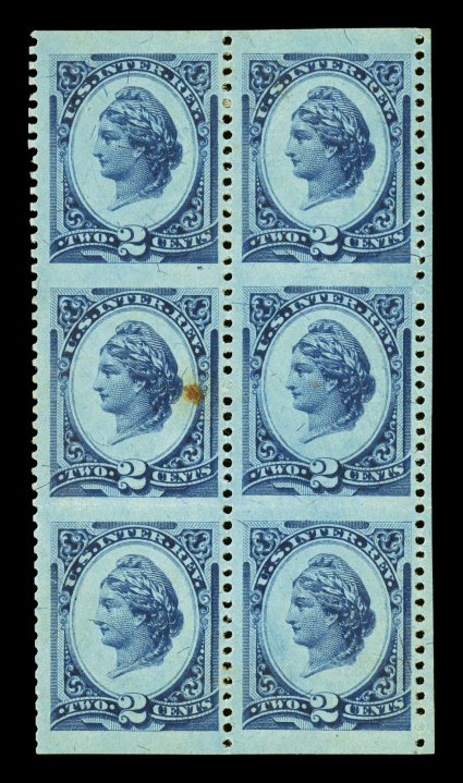 R152ad, 2c Blue on blue, imperforate horizontally, unused, block of six (2x3), well centered, strong color, usual blue handstamp on reverse, left middle stamp with small stain,
otherwise very fine a showpiece block that could very well be the