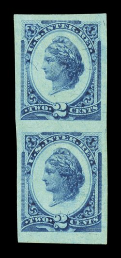 R152e, 2c Blue on blue, imperforate, vertical pair, large margins all around, rich color, o.g., h.r., extremely fine a very scarce imperforate error.