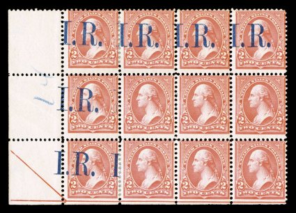 R155d, R155e, 2c Pink, without overprint, a spectacular left sheet-margin block of twelve, with the right three stamps in the middle row with overprint omitted, the right three
stamps in the bottom row with the overprint printed on the back,