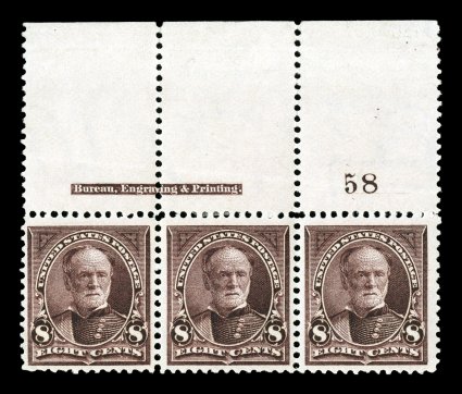 272a, 8c Violet brown, watermarked USIR in error, an incredibly rare full top margin imprint and plate no. 58 strip of three, each stamp well centered and margined, especially
deep luxuriant color, o.g., natural gum crease in the selvage only,