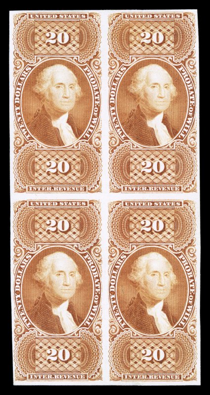 R99P4, $20.00 Probate of Will, plate proof on card, scarce block of four, strong rich color, large margins, small thins, otherwise very fine unpriced as a block, cataloged as
four singles ex-Joyce.