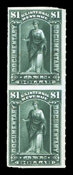 R173a, $1.00 Dark green, imperforate horizontally, vertical pair, deep rich color, slightly irregularly cut at top and bottom, part o.g., thins on top stamp, fine appearance an
extremely rare error, being the only copy that we are aware of