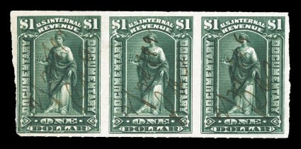 R173b, $1.00 Dark green, imperforate vertically, used horizontal strip of three, rich color, light ms. cancels, left stamps with a crease, right pair is very fine a most
elusive error variety cataloged as a pair.