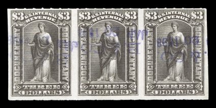 R174a, $3.00 Dark brown, imperforate vertically, horizontal strip of three, rich color, 1898 purple handstamped cancels, shallow thin, fine appearance a rarely offered error
cataloged simply as a pair.