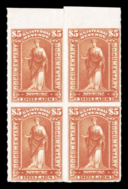 R175, $5.00 Orange red, roulette 5 12, top sheet-margin block of four, glorious rich color, full clean o.g., top stamp very lightly hinged, bottom stamps never hinged, trivial
gum skip in bottom right stamp, fine-very fine a scarce block that