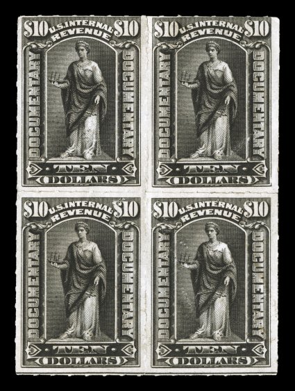 R176, $10.00 Black, roulette 5 12, mint block of four, deep color, part o.g., several hinge reinforcements, trivial flaws including bottom right stamp with small thin, fine
appearance this is the only recorded mint block of any size not p