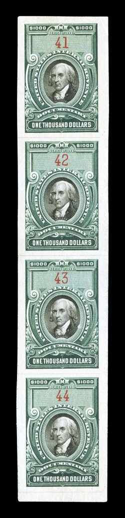R181, $1,000.00 Green and black, complete unused vertical strip of four, deep colors, large even margins all around, light horizontal crease between middle stamps, corner
crease at top right, small thin spot in bottom stamp, very fine appearance