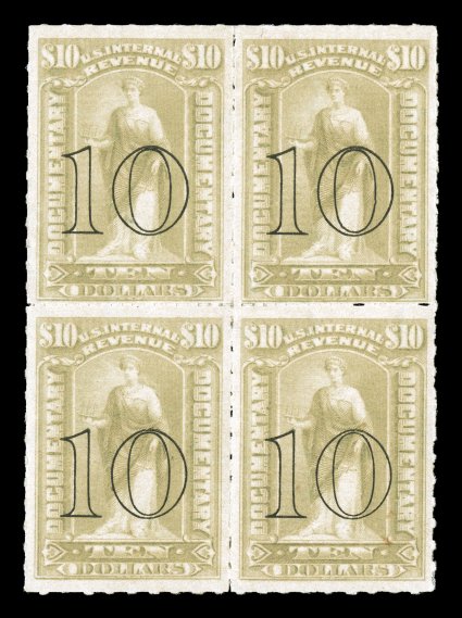 R189, 10 Surcharge on $10.00 Gray, rouletted, mint block of four, nicely centered, o.g., h.r.s, very fine mint blocks are quite scarce, with only two others recorded in the
Curtis census.