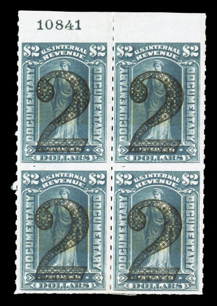 R191, 2 Surcharge on $2.00 Green, top margin plate no. 10841 block of four, rich color, o.g., minor h.r., fine-very fine mint blocks are actually quite scarce, especially with
a plate number.