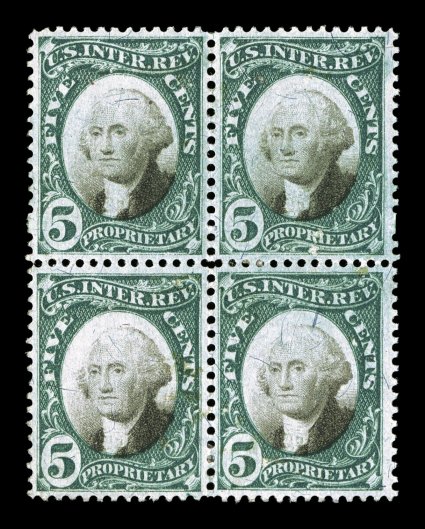 RB5a, 5c Green and black on violet paper, mint block of four, uncharacteristically well centered, stunning deep colors and prooflike impressions, o.g. that has been slightly
disturbed from hinge removals, a very fine and handsome block no lar